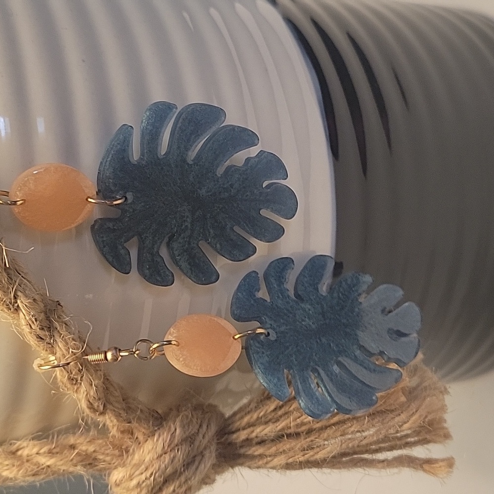 Shimmering Peach and Teal Tropical Leaf Large Dangle Statement Earrings